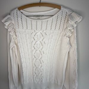 LOFT Ivory Ruffle Cable Knit Sweater